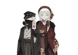 1boy 1girl absurdres alternate_costume animal animal_on_shoulder anse1289567 bird bird_on_shoulder blonde_hair bloodborne blue_eyes bonnet dress fingerless_gloves gloves highres hunter_(bloodborne) japanese_clothes kimono looking_at_viewer looking_to_the_side mask mouth_mask plain_doll red_bonnet red_dress red_kimono tall_female white_hair