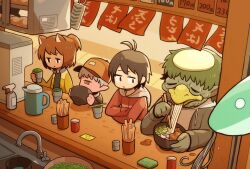1girl 3boys animal_ears antenna_hair beak black_hair bowl brown_eyes brown_hair cat_ears chopsticks colored_skin crossed_arms cup eating electric_kettle food green_hair green_skin green_tea hat high_ponytail highres hood hood_down hooded_jacket jacket jitome kappa kettle multiple_boys noodles noren one-eyed original pointy_ears ponytail purple_skin ramen red_jacket restaurant short_ponytail sink takurada tea traditional_youkai