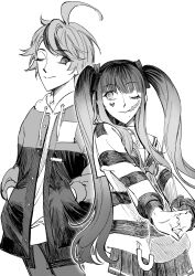 1boy 1girl absurdres amemiya_darumi bow face_piercing hands_in_pockets highres hood hoodie kkoricat lip_piercing long_sleeves looking_at_another makeup monochrome multicolored_hair one_eye_closed piercing pleated_skirt safety_pin shirt skirt striped_clothes striped_shirt sumino_takumi the_hundred_line_-last_defense_academy- twintails white_background