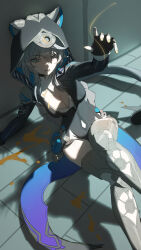 1girl absurdres animal_ear_fluff black_gloves black_hood black_leotard blood blue_eyes boots breasts cat_girl cat_tail cipher_(honkai:_star_rail) cleavage commentary_request fingerless_gloves fingernails gloves grey_hair hand_up highres honkai:_star_rail honkai_(series) leotard medium_breasts medium_hair mole mole_on_thigh nail_polish open_mouth shorts solo tail thigh_boots thighs white_shorts yellow_nails yuyiosang