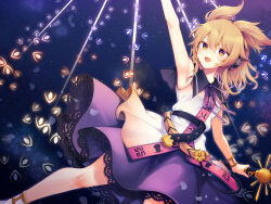 1girl arm_up armpits bare_shoulders belt black_belt blonde_hair blue_sky bracelet breasts commentary_request danmaku earmuffs feet_out_of_frame flying gold_bracelet gradient_sky hair_between_eyes highres holding holding_sword holding_weapon jewelry looking_up neck_ribbon night night_sky open_mouth outdoors pointy_hair purple_ribbon purple_skirt purple_sky ribbon sailor_collar shirt short_hair skirt sky sleeveless sleeveless_shirt small_breasts smile socks solo spell_card star_(sky) starry_sky sun_ornament sword tama_(soon32281) ten_desires touhou toyosatomimi_no_miko v-shaped_eyebrows weapon white_shirt white_socks yellow_eyes