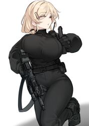 1girl absurdres belt black_belt black_gloves black_pants black_shirt black_shoes blonde_hair bow chest_strap commentary_request flashlight gloves gun gun_sling hair_bow hair_ornament hair_over_shoulder hairclip highres holding holding_gun holding_weapon k0ng kalashnikov_rifle leg_up long_sleeves medium_hair merc-san_(k0ng) original pants parted_lips radio_antenna shirt shirt_tucked_in shoes simple_background sneakers standing standing_on_one_leg thigh_belt thigh_strap turtleneck turtleneck_shirt weapon white_background