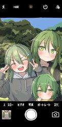 3girls absurdres blush breasts closed_eyes closed_mouth commentary_request crescent crescent_hair_ornament day double_v fake_phone_screenshot fake_screenshot green_eyes green_hair hair_between_eyes hair_ornament hairclip highres hood hood_down hoodie implied_sex kantai_collection loli long_hair long_sleeves looking_at_viewer missing_tooth mother_and_daughter multiple_girls nagatsuki_(kancolle) nude open_mouth outdoors pok_(pok_0002) short_hair sleeves_past_wrists small_breasts star_(symbol) star_hair_ornament sweat upper_body v