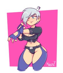 1girl angel_(kof) blue_eyes breasts cleavage curvy female_focus gloves jacket large_breasts leather noctz noctzart open_clothes pale_skin panties short_hair smile solo standing the_king_of_fighters thick_thighs thighs tight_clothes underwear white_hair wide_hips