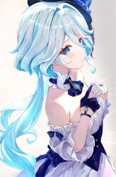 1girl absurdres alternate_costume asymmetrical_gloves bare_shoulders blue_eyes blue_gemstone blue_gloves blue_hair closed_mouth dress drop-shaped_pupils from_side furina_(genshin_impact) gem genshin_impact gloves grey_hair half_gloves highres looking_at_viewer mihasu mismatched_gloves multicolored_hair short_hair streaked_hair symbol-shaped_pupils white_dress white_gloves