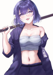 1girl :p absurdres blush bokken breasts chest_sarashi coat collarbone delinquent gakuen_idolmaster hataya_misuzu head_tilt highres holding_sweater idolmaster japanese_text looking_at_viewer medium_breasts misanga_(hxjd5354) navel pants purple_coat purple_eyes purple_hair purple_pants sarashi short_hair simple_background single_bare_shoulder solo sukeban sword tongue tongue_out weapon white_background wooden_sword