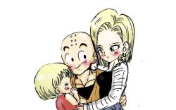 1boy 2girls android_18 bald bald_male black_eyes blonde_hair blue_eyes blush couple dragon_ball family father_and_daughter happy hug husband_and_wife kuririn marron_(dragon_ball) mother_and_daughter multiple_girls muscular muscular_male smile white_background