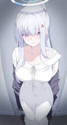 1girl anger_vein black_shawl blue_archive breasts cleavage closed_mouth collarbone commission dress foreshortening frilled_pajamas frills halo highres indoors large_breasts long_hair looking_at_viewer mechanical_halo nightgown noa_(blue_archive) noa_(pajamas)_(blue_archive) official_alternate_costume pajamas ponytail purple_eyes reia_76 shawl sleepwear smile solo standing very_long_hair white_dress white_hair white_halo white_nightgown white_pajamas wooden_floor