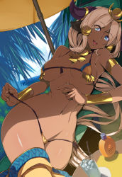 1girl :d ancient_egyptian animal_ears ankh armlet bikini blue_eyes breasts cow_ears dark-skinned_female dark_skin female_focus hair_ornament hathor_(p&amp;d) horns ice jewelry kurowa long_hair navel open_mouth parasol pink_hair pussy pussy_peek puzzle_&amp;_dragons shade smile solo strap_pull string_bikini swimsuit umbrella wide_hips
