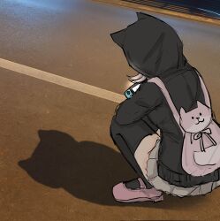 Rule 34 | 1girl, animal bag, black jacket, black thighhighs, brown hair, cat bag, danganronpa (series), danganronpa 2: goodbye despair, handheld game console, highres, holding, holding handheld game console, hood, hood up, hooded jacket, jacket, long sleeves, medium hair, miniskirt, nanami chiaki, pink bag, pink shoes, pleated skirt, road, shiruboru, shoes, skirt, solo, street, thighhighs