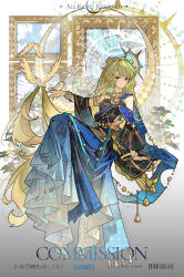1girl absurdres bird bird_on_hand blonde_hair blue_dress breasts closed_mouth commission dress english_text full_body hand_rest highres long_hair looking_at_viewer original portrait_(object) smile solo very_long_hair watermark yan_zi_yao_yu