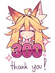 Rule 34 | 1girl, :&gt;, ^ ^, ahoge, animal ear fluff, animal ears, blonde hair, closed eyes, commentary, double-parted bangs, english commentary, fox ears, fox girl, hair between eyes, kazumiskill, long hair, original, sidelocks, simple background, smile, solo, sparkle, thank you, thick eyebrows, white background