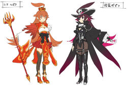 2girls ace_(playing_card) ace_of_hearts ahoge black_hair black_leotard breasts brown_eyes brown_hair card cleavage clenched_teeth cloak closed_mouth colored_inner_hair dapiko_(duel_masters) dress duel_masters duel_masters_play&#039;s fishnet_pantyhose fishnets full_body hair_ornament hat heart holding holding_card holding_weapon huge_ahoge kokko_rupiko leotard long_hair medium_breasts multicolored_hair multiple_girls murakami_hisashi official_art pantyhose phantom_thief playing_card pleated_skirt polearm purple_eyes purple_hair ribbon shoes simple_background skirt spear standing teeth thighhighs toenails very_long_hair weapon white_background