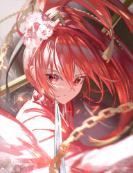 1girl absurdres chain closed_mouth floating_hair flower hair_between_eyes hair_flower hair_ornament highres holding holding_sword holding_weapon japanese_clothes kimono long_hair looking_at_viewer mahou_shoujo_madoka_magica motion_blur pink_flower pink_kimono red_eyes red_hair sakura_kyoko sign solo sword v-von very_long_hair weapon