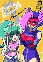 2boys 2girls artist_name bimaajo bimajo_(time_bokan) blue_eyes bodysuit calen_(time_bokan) character_name copyright_name cowboy_shot crossed_arms dated green_hair headgear helmet high_ponytail leotard lipstick makeup multiple_boys multiple_girls ponytail purple_hair sazzae see-through_clothes simple_background skirt suzukki time_bokan_(series) time_bokan_24 tsubuyakki v visor yellow_background yellow_eyes
