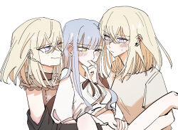 bang_dream! bang_dream!_it&#039;s_mygo!!!!! black_dress blue_hair blush bottomless chinese_commentary closed_mouth clothes_lift commentary_request doloris_(bang_dream!) dress dual_persona ear_blush fff_threesome finger_in_another&#039;s_mouth fingering group_sex highres kira_reader long_hair long_sleeves misumi_uika navel out-of-frame_censoring purple_eyes shirt shirt_lift short_sleeves simple_background smile spread_legs sweatdrop threesome togawa_sakiko white_background white_shirt yellow_eyes yuri