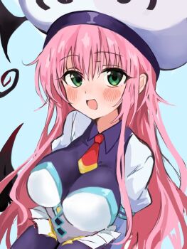 Rule 34 | 1girl, :d, baru 4416, blue background, breasts, commentary request, demon tail, green eyes, hat, lala satalin deviluke, long hair, looking at viewer, necktie, open mouth, pink hair, red necktie, sidelocks, simple background, smile, solo, tail, to love-ru, white hat