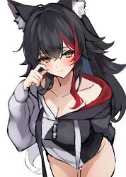 1girl absurdres argule0901 arm_behind_back black_hair blush breasts cleavage drawstring highres hololive hood hoodie large_breasts long_hair looking_at_viewer multicolored_hair ookami_mio ookami_mio_(casual) simple_background solo streaked_hair tail very_long_hair virtual_youtuber white_background wolf_girl wolf_tail yellow_eyes