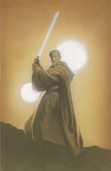 Rule 34 | 1boy, beard, blue lightsaber, brown hair, brown robe, energy sword, facial hair, highres, holding, holding sword, holding weapon, lightsaber, moon, obi-wan kenobi, outdoors, robe, short hair, solo, standing, star wars, sword, travis charest, weapon