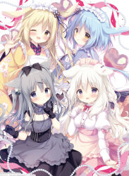 Rule 34 | 4girls, :d, :o, ;d, amairo chocolata, animal ears, apron, black gloves, black skirt, blonde hair, blue hair, blue kimono, blush, breasts, brown eyes, cat ears, closed mouth, commentary, dog ears, english commentary, frilled apron, frilled gloves, frills, gloves, grey apron, grey eyes, grey hair, grey shirt, grey sleeves, hair between eyes, highres, japanese clothes, juliet sleeves, kimono, long sleeves, maid, maid apron, medium breasts, misono ichika, momose kaguya, momose mitsuki, multiple girls, one eye closed, open mouth, parted lips, pink apron, pink skirt, puffy short sleeves, puffy sleeves, purple eyes, rabbit ears, shiratama (shiratamaco), shirt, short sleeves, skirt, smile, two side up, wa maid, white hair, white shirt, yellow kimono, yukimura chieri
