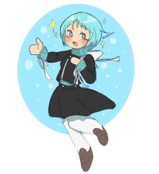 1girl aqua_hair artist_name black_jacket black_skirt blush chibi chibi_only commentary english_commentary full_body gekkoukan_high_school_uniform highres jacket loafers looking_at_viewer open_mouth persona persona_3 school_uniform shoes short_hair skirt sleepyaikq solo sparkle yamagishi_fuuka