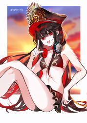 1girl bikini black_bikini black_hair fate/grand_order fate_(series) hat highres long_hair oda_nobunaga_(fate) oda_nobunaga_(swimsuit_berserker)_(fate) oda_nobunaga_(swimsuit_berserker)_(second_ascension)_(fate) red_eyes smile sunset swimsuit very_long_hair xixing_chun
