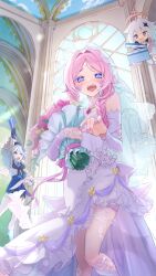 Rule 34 | 3girls, @ @, absurdres, arm up, asymmetrical gloves, black eyes, black gloves, blue eyes, blush, bouquet, braid, bridal gauntlets, bridal veil, citlali (genshin impact), clapperboard, commentary request, day, dress, facial mark, fingernails, floating, flower, forehead mark, furina (genshin impact), gem, genshin impact, gloves, hair ornament, halo, highres, holding, holding bouquet, indoors, long hair, looking at viewer, mapmap, mismatched gloves, multiple girls, nail polish, open mouth, paimon (genshin impact), pink flower, pink hair, pink pupils, purple gemstone, purple nails, sleeveless, sleeveless dress, standing, star (symbol), star hair ornament, thighhighs, triangle, triangle facial mark, twin braids, upper body, veil, very long hair, white bridal gauntlets, white dress, white gloves, white hair, white thighhighs, white veil