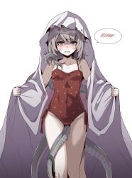 1girl absurdres bare_shoulders blush breasts covered_navel cowboy_shot extra_legs furrowed_brow ghost_costume grey_hair highres looking_at_viewer medium_hair one-piece_swimsuit poltergeist_(reverse:1999) rectangular_mouth red_one-piece_swimsuit reverse:1999 shaded_face sheet_ghost singwee small_breasts solo speech_bubble spoken_blush swimsuit tearing_up tentacle_between_legs tentacles under_covers wavy_mouth white_background
