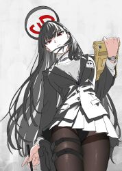 1girl black_hair black_skirt blue_archive breasts brown_pantyhose hair_ornament hairclip halo highres id_card long_hair long_sleeves looking_at_viewer miniskirt pantyhose red_eyes rio_(blue_archive) skirt solo thigh_strap utsuda watch