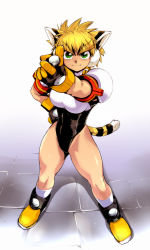 1girl animal_ears bare_legs blonde_hair ez6 fang female_focus gloves green_eyes hand_on_own_hip highres hip_focus leotard muscular non-web_source original short_hair socks solo tail thick_eyebrows thighs tiger_ears tiger_tail