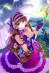 1girl basket breasts brown_hair cleavage detached_collar devil_maker dress female_focus frilled_umbrella frills gloves green_eyes hairband lace lace-trimmed_dress lace_trim lolita_fashion lolita_hairband long_hair looking_up medium_breasts purple_gloves rain rozer solo strapless strapless_dress umbrella upset wavy_hair