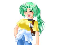 Rule 34 | 1girl, arm at side, blue eyes, blue pants, breasts, clothes around waist, eyes visible through hair, game cg, green hair, gun, hand in pocket, higurashi no naku koro ni, holster, large breasts, large variant set, long hair, nose, open mouth, pants, parted bangs, ponytail, ryukishi07, shirt, shirt around waist, smile, sonozaki mion, variant set, weapon, white shirt, yellow shirt