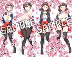 2girls ario black_panties blazer blouse blush breasts brown_hair cherry_blossom_print chitose_(kancolle) chiyoda_(kancolle) cleavage dakimakura_(medium) floral_print grey_hair hakama hakama_skirt headband jacket japanese_clothes kantai_collection large_breasts long_hair lying medium_hair multiple_girls nipples panties pantyhose sample_watermark shirt skirt smile thighhighs underwear watermark white_panties