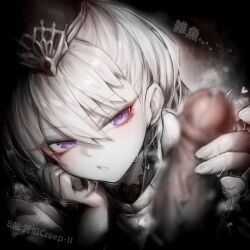 1boy 1girl artist_name blur_censor censored character_request chinese_commentary commentary_request greyscale handjob hetero kupa_(jesterwii) monochrome paid_reward_available parted_lips penis precum purple_eyes shadowverse spot_color