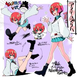 1girl amate_yuzuriha beanie black_boots black_hat black_shorts blue_eyes blue_shirt blue_skirt boots breasts character_name chibi closed_mouth collared_shirt commentary_request gundam gundam_gquuuuuux haro hat heart highres hisame_genta holding legs long_sleeves miniskirt multiple_views necktie open_mouth outstretched_arms pleated_skirt red_hair running shirt short_hair shorts shorts_under_skirt sitting skirt socks speech_bubble spoken_heart standing star_(symbol) striped_necktie sweater translation_request walking waving white_sweater