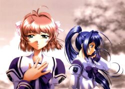 Rule 34 | absurdres, antenna hair, artist request, baka ouji persia, blouse, blue bow, blue eyes, blue hair, blue sleeve cuffs, bow, braid, breasts, brown background, closed mouth, collared shirt, double horizontal stripe, emblem, facing viewer, fingernails, from behind, frown, hair between eyes, hair bow, hair intakes, hair ornament, hair tie, hakuryou high school uniform, half updo, hand on own chest, hayase mitsuki, high ponytail, highres, horizontal-striped sleeve cuffs, horizontal-striped sleeves, juliet sleeves, kimi ga nozomu eien, light brown hair, long sleeves, medium breasts, moire, non-web source, official art, outdoors, pink bow, ponytail, print sleeve cuffs, puffy sleeves, sad, sailor collar, scan, school uniform, serafuku, shirt, short hair, side braid, simple background, single horizontal stripe, skirt, sleeve cuffs, striped collar, striped sleeves, suzumiya haruka, tears, teeth, third-party source, tree, white sailor collar, white serafuku, white shirt, white skirt, white sleeves