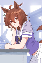 1girl absurdres agnes_tachyon_(umamusume) angry animal_ears blouse bow bowtie brown_eyes brown_hair elbow_rest frown head_rest highres horse_ears horse_girl horseshoe_ornament indoors leaning_forward looking_at_viewer medium_hair microscope midriff_peek mikuru_ism navel open_mouth pleated_skirt purple_bow purple_bowtie purple_shirt sailor_collar shirt short_sleeves skirt solo standing table umamusume white_sailor_collar white_skirt