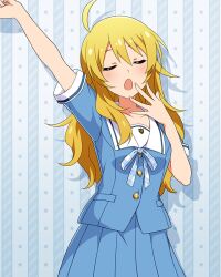 Rule 34 | 1girl, ahoge, anime coloring, aqua background, aqua ribbon, aqua shirt, aqua skirt, arms up, blonde hair, card (medium), closed eyes, collarbone, cowboy shot, drop shadow, hoshii miki, idolmaster, idolmaster million live!, idolmaster million live! theater days, long hair, official art, open hand, open mouth, ribbon, sailor collar, shirt, skirt, sleepy, solo, star (symbol), stretching, summer junior highschool (idolmaster), summer uniform series (idolmaster), white sailor collar, yawning