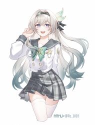 1girl artist_name black_hairband black_sailor_collar blue_eyes bow bowtie bright_pupils buttons cropped_legs double-breasted firefly_(honkai:_star_rail) firefly_(spring_missive)_(honkai:_star_rail) green_bow green_bowtie green_hair grey_hair grey_skirt hairband hamu_(rz_1023) highres honkai:_star_rail honkai_(series) long_hair long_sleeves looking_at_viewer miniskirt multicolored_eyes multicolored_hair official_alternate_costume plaid_clothes plaid_skirt pleated_skirt purple_eyes sailor_collar school_uniform serafuku shirt simple_background skirt solo thighhighs twitter_username two-tone_eyes two-tone_hair white_background white_shirt white_thighhighs zettai_ryouiki