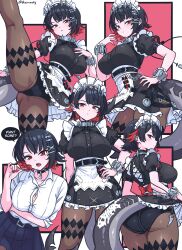 1girl absurdres apron arm_under_breasts artist_name ass belt_buckle black_choker black_dress black_hair black_panties black_pantyhose blue_skirt border breasts buckle candy choker cleavage closed_mouth clothes_lift collar collarbone collarbone_peek dress dress_lift ear_piercing ellen_joe english_text fins fish_tail food hair_ornament hairclip hand_on_own_chest hand_on_own_hip high-waist_skirt highres huge_ass large_breasts leg_up lollipop long_sleeves looking_at_viewer looking_back maid maid_apron maid_headdress multicolored_hair multiple_hair_clips multiple_views outside_border panties pantyhose pantyshot piercing pink_background puffy_sleeves red_eyes red_hair red_nails school_uniform shark_girl shark_tail sharp_teeth shirt_lift short_dress short_hair short_sleeves signature skirt sleeves_rolled_up solo spiked_choker spiked_collar spikes standing streaked_hair tail teeth thighs tight_clothes tight_dress underwear vewuinsky white_border wide_hips zenless_zone_zero