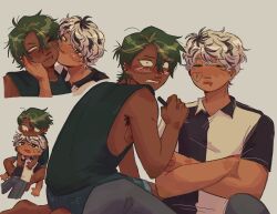 Rule 34 | 2boys, 8wnqt, artist self-insert, baxter ward, black eyes, black shirt, blue shorts, blush, chibi, chibi inset, clenched teeth, constricted pupils, drawn heart, green hair, green tank top, hair between eyes, highres, holding, holding marker, initial, kneeling, knees up, looking at viewer, main character (our life), male focus, marker, multiple boys, multiple views, on ground, our life, our life: beginnings and always, shirt, short hair, shorts, sitting, swept bangs, tank top, teeth, two-tone shirt, white shirt, yaoi