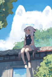 1girl absurdres animal_ears bare_legs bare_shoulders barefoot biluoyao black_bow black_hair blue_archive blue_halo blue_sky bow breasts closed_mouth cloud commentary day feet full_body hair_between_eyes halo highres kokona_(blue_archive) loli long_hair multicolored_hair outdoors red_eyes shadow sitting sky small_breasts smile solo symbol-only_commentary toes very_long_hair white_hair