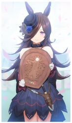1girl absurdres animal_ears black_hair blurry blurry_background collarbone commentary_request dagger flower gloves gothic_lolita hair_over_one_eye hat highres holding holding_trophy horse_ears horse_girl knife lolita_fashion looking_at_viewer petals rice_shower_(umamusume) rose sheath sheathed solo tears tem_(tempainting1) trophy umamusume weapon white_background