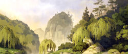 108_demon_kings bush day fog foliage forest grass highres juliengeorgel landscape moss mountainous_horizon nature no_humans official_art outdoors rock scenery sky tree wide_shot