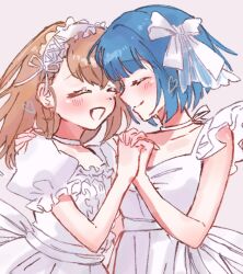 Rule 34 | 2girls, blue hair, choker, closed eyes, closed mouth, commentary, dress, hanasato minori, hand on another&#039;s shoulder, hashtag-only commentary, highres, holding hands, interlocked fingers, kiritani haruka, long hair, multiple girls, open mouth, orange hair, pink background, project sekai, ratemeru, short hair, short sleeves, simple background, smile, white choker, white dress, yuri
