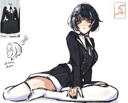 Rule 34 | 1girl, alternate costume, alternate hair length, alternate hairstyle, black hair, black jacket, black nails, black skirt, grey hair, hair ornament, hololive, hololive english, jacket, multicolored hair, parted lips, penguin stamp, photo-referenced, reference inset, shiori novella, skirt, solo, split-color hair, thighhighs, two-tone hair, virtual youtuber, white background, white thighhighs, x hair ornament, yellow eyes
