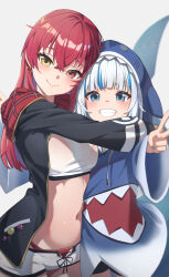 2girls animal_hood bikini black_jacket blue_eyes blue_hoodie blurry blush breasts commentary depth_of_field earrings english_commentary fins fish_tail gawr_gura hair_between_eyes hands_up heterochromia highres hololive hololive_english hood hood_down hooded_jacket hoodie houshou_marine houshou_marine_(summer) hug jacket jewelry large_breasts long_hair long_sleeves looking_at_viewer multicolored_hair multiple_girls nail_polish navel open_clothes open_jacket open_mouth red_bikini red_eyes red_hair reulem see-through_clothes shark_hood shark_tail sharp_teeth shorts simple_background smile stomach streaked_hair swimsuit tail tank_top teeth upper_body v virtual_youtuber white_background white_hair white_shorts white_tank_top wide_sleeves yellow_eyes