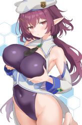 1girl absurdres armpits bare_shoulders bemani breasts cannon=xxxx cleavage covered_navel cowboy_shot detached_sleeves framed_breasts grabbing_own_breast hat highleg highleg_leotard highres large_breasts leg_up leotard long_hair looking_at_viewer low_ponytail mushpz necktie parted_lips pointy_ears ponytail purple_hair purple_leotard red_eyes see-through_cleavage see-through_clothes short_necktie solo sound_voltex tailcoat thighs very_long_hair white_hat
