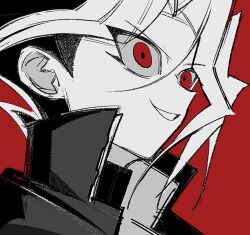 Rule 34 | 1boy, collared jacket, curtained hair, grin, jacket, male focus, popped collar, portrait, red background, red eyes, se 3sam, shirt, short sideburns, simple background, smile, solo, teeth, wide-eyed, yami yugi, yu-gi-oh!, yu-gi-oh! duel monsters