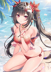 1girl bare_shoulders beach bikini black_choker black_hair blush breasts choker collarbone commentary_request fukase_ayaka hand_up honkai:_star_rail honkai_(series) kneeling large_breasts looking_at_viewer mask mask_on_head navel outdoors parted_lips red_bikini red_eyes smile solo sparkle_(honkai:_star_rail) swimsuit thighs twintails water